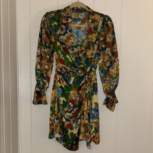 Zara Green and Blue Long Sleeve Wrap Dress with Notched Collar